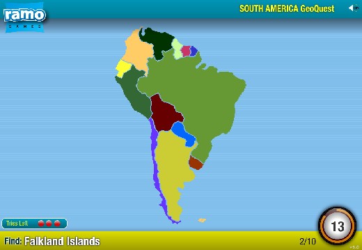 Vzdělávací online hra Země Jižní Ameriky, učební test, školní kvíz Země a státy